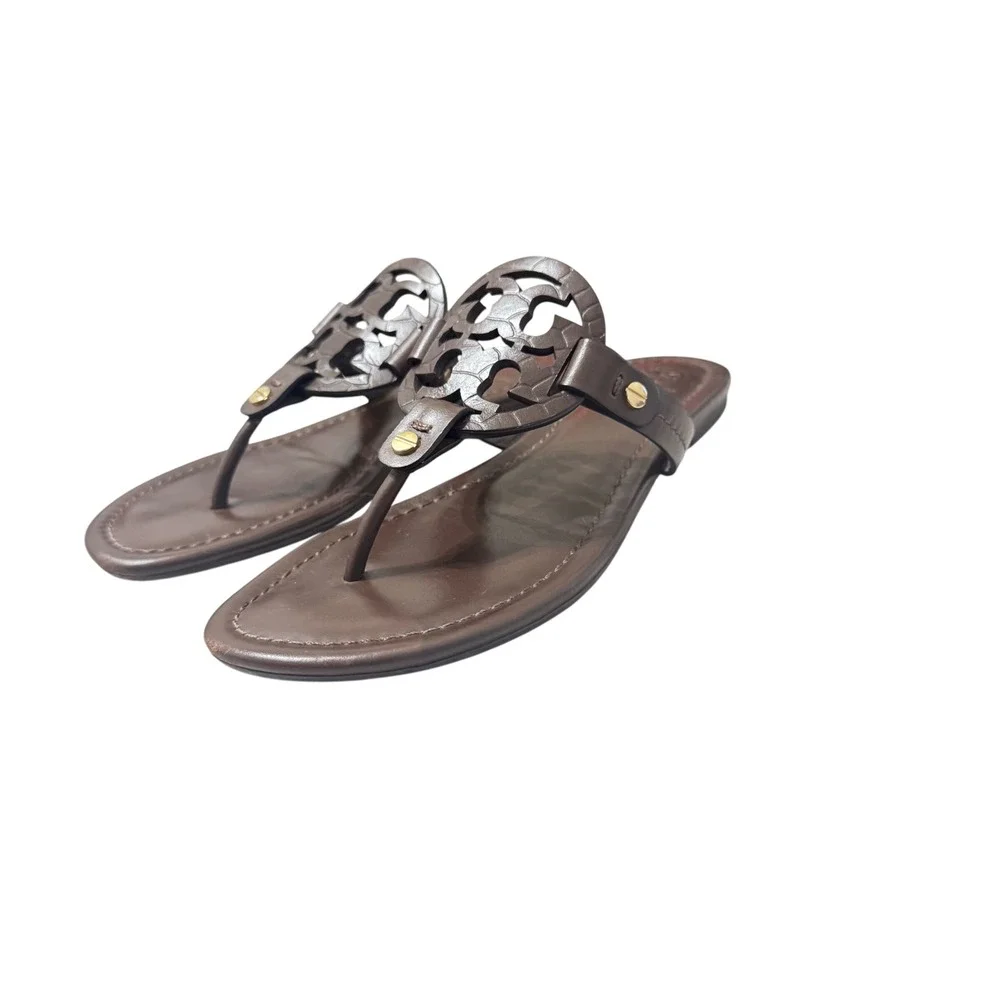 Tory Burch Miller Sandals Womens 6 Brown Leather Logo Thong Flat 5930 K17